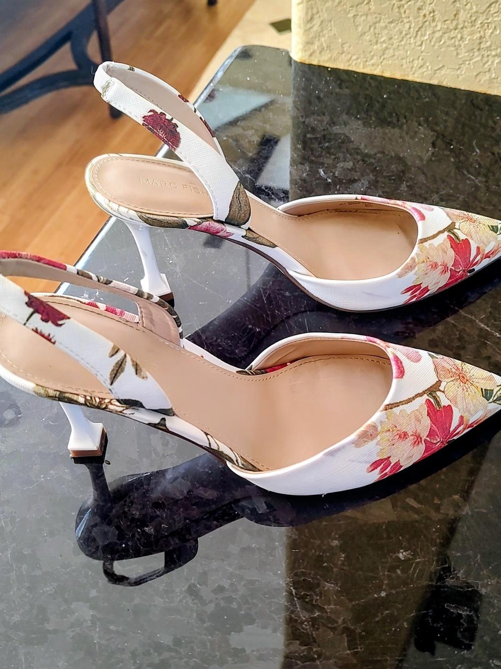 Marc Fisher White Floral Slingback Pointed Heels with Pink Accents